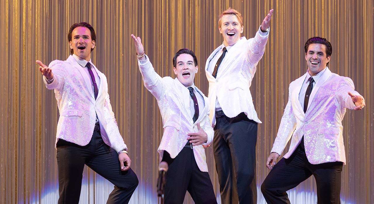 Brent Thiessen, Trevor James, Daxton Bloomquist, and Adam Enrique Hollick in Pioneer Theater Company’s production of Jersey Boys. Photo by BW Productions.