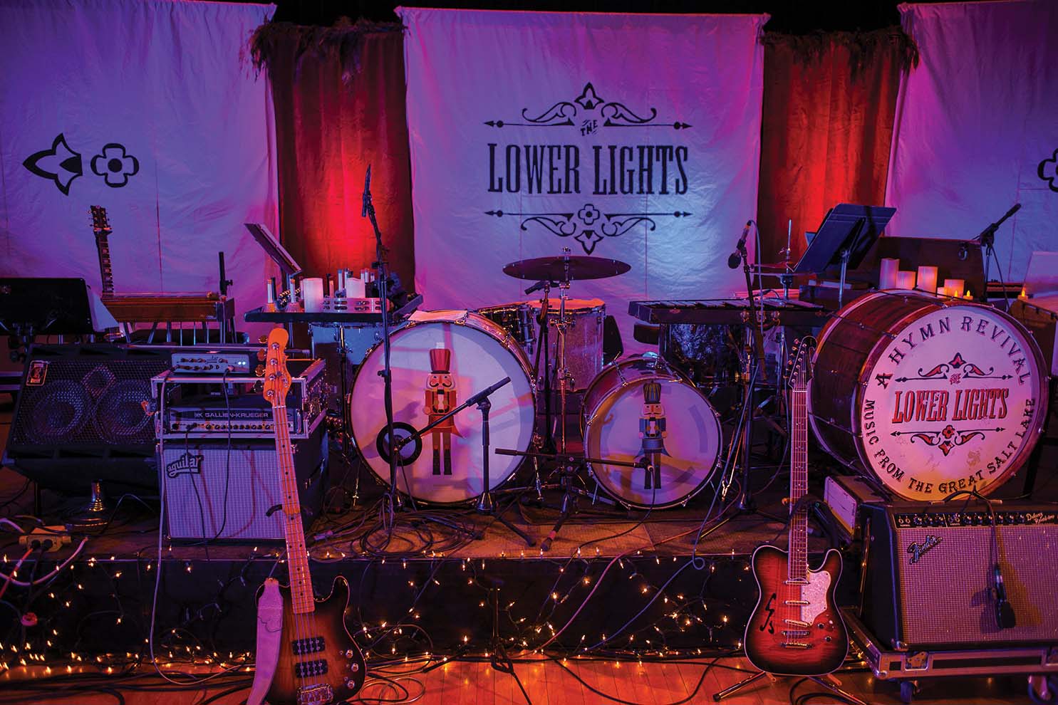Stage setup of Lower Lights with drums and guitars_SLM ND24_Justin Hackworth Photography