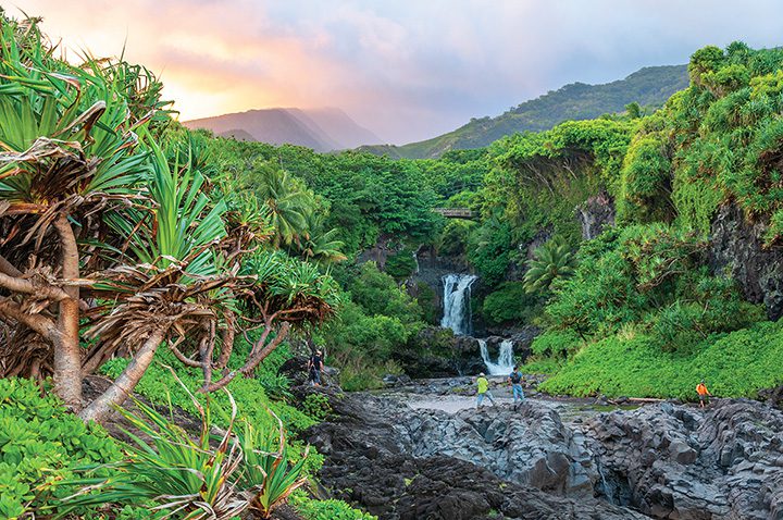 Waterfall-on-the-Road-to-Hana-at-Sunset