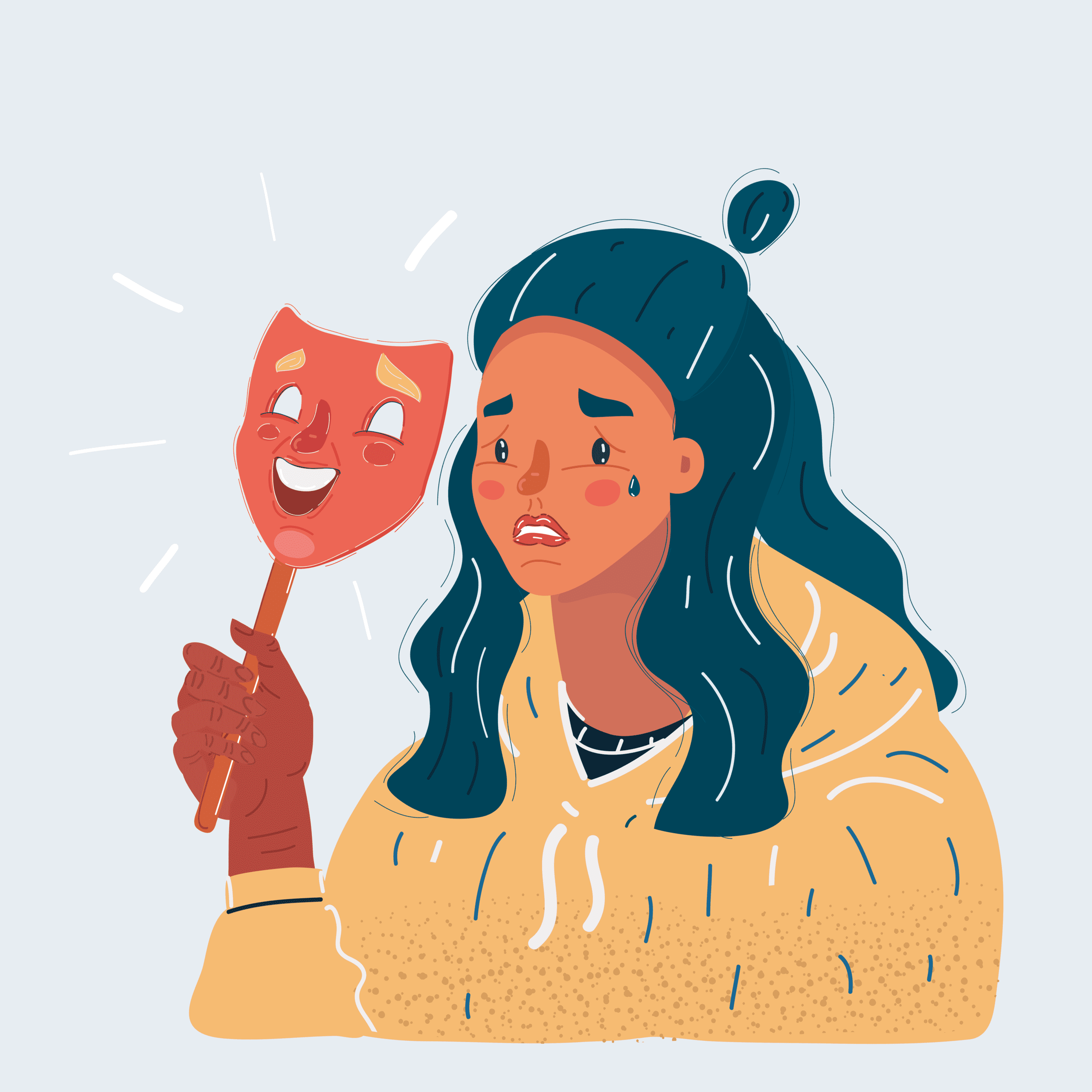 sad-woman-wearing-smile-mask_375589146