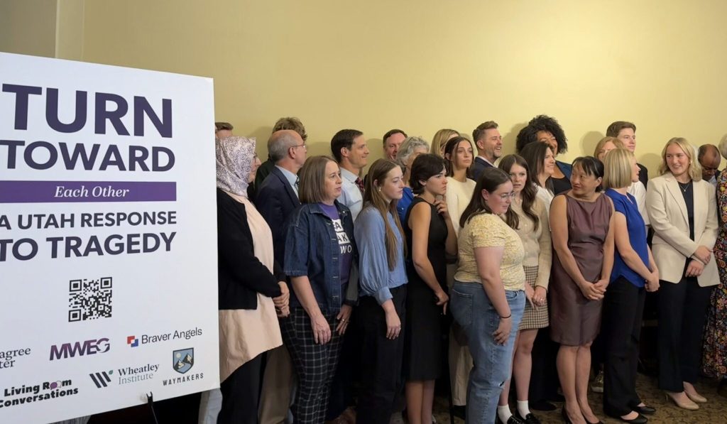 Members of a bipartisan coalition of Utah organizations gather in a news conference in the wake of Charlie Kirk’s killing. (Alixel Cabrera/Utah News Dispatch)