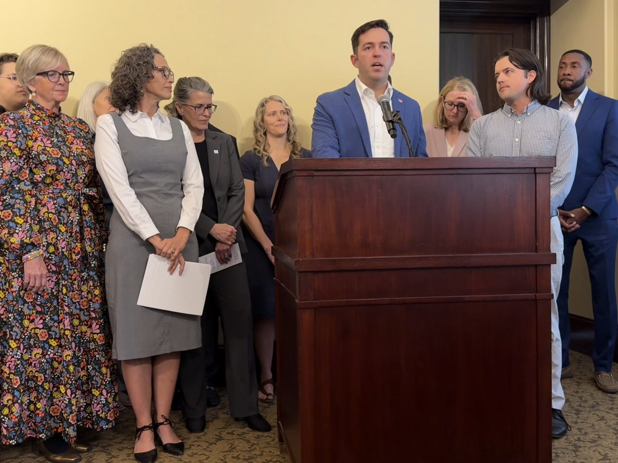 Zac Wilson, former chair of the Utah Young Republicans speaks during a news conference with a bipartisan coalition of Utah organizations in the wake of Charlie Kirk’s killing. (Alixel Cabrera/Utah News Dispatch)