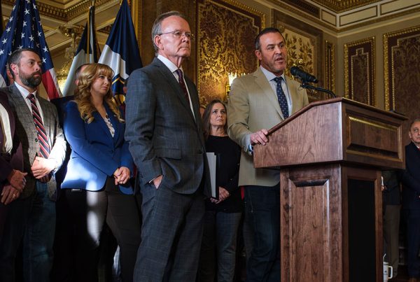 Senate President Stuart Adams, R-Layton, and House Speaker Mike Schultz, R-Hooper, talk to reporters during a press conference at the Utah Capitol in Salt Lake City on Nov. 25, 2025. (Photo by Marco Lozzi for Utah News Dispatch)