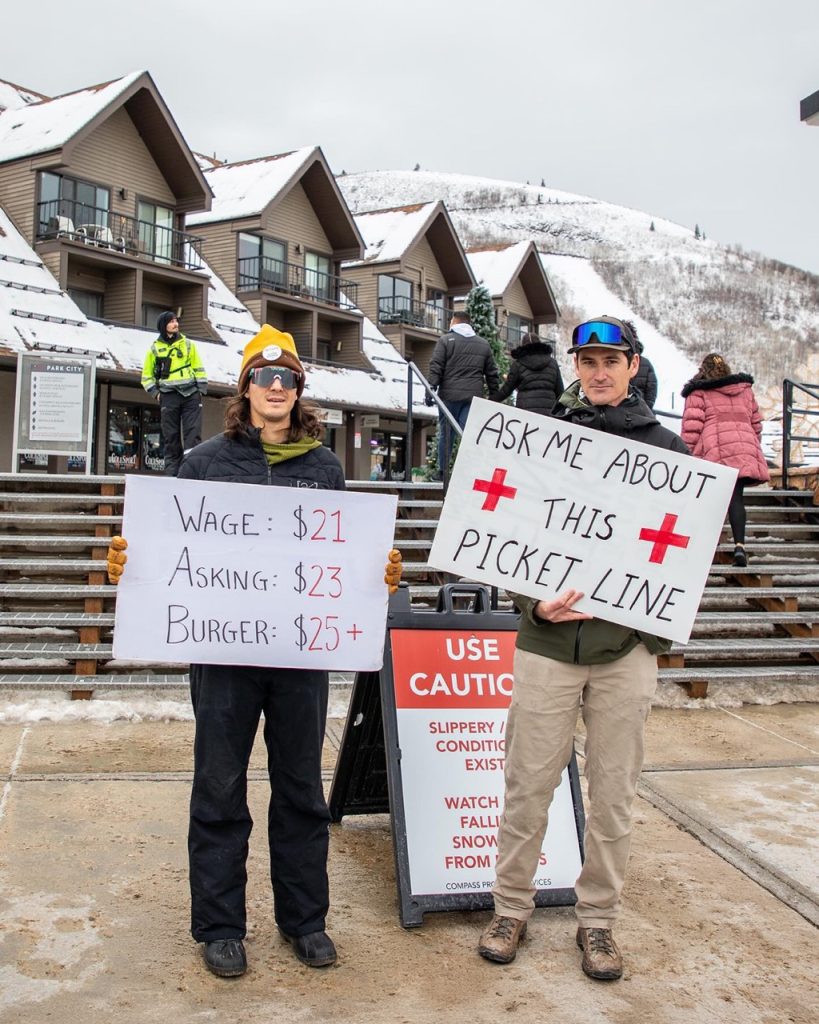 Striking patrollers won an increase in wages and demonstrated how essential their roles are for safety and operations. Photo courtesy @PCSkiPatrolUnion via Instagram.