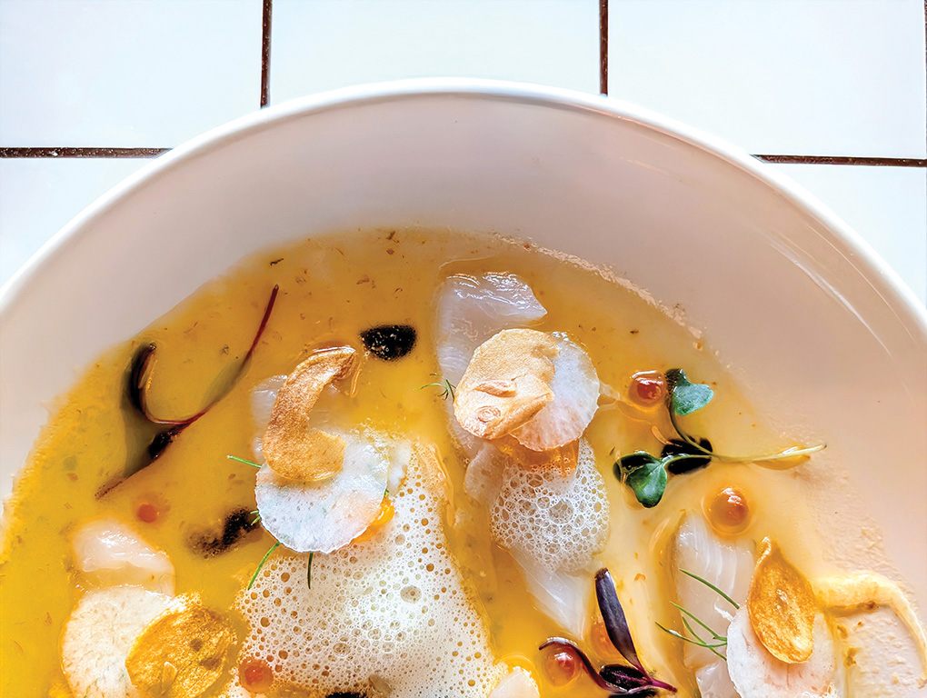 Striped Jack Aurora crudo with fennel and mandarins.