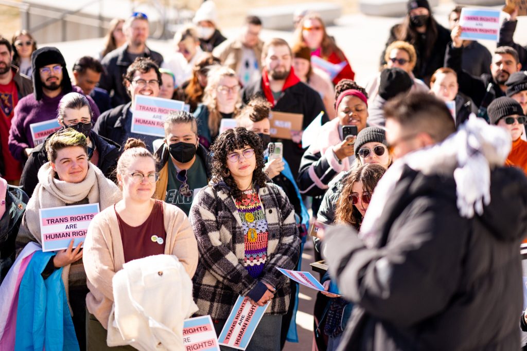 People rally in support of transgender rights at the Capitol in Salt Lake City on the first day of the legislative session, Tuesday, Jan. 21, 2025. (Photo by Spenser Heaps for Utah News Dispatch)
