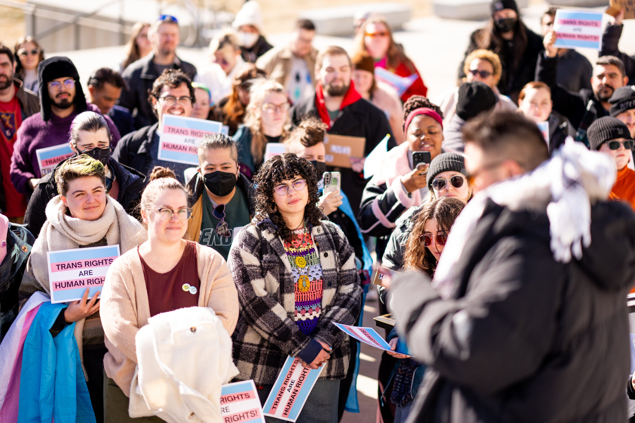 People rally in support of transgender rights at the Capitol in Salt Lake City on the first day of the legislative session, Tuesday, Jan. 21, 2025. (Photo by Spenser Heaps for Utah News Dispatch)