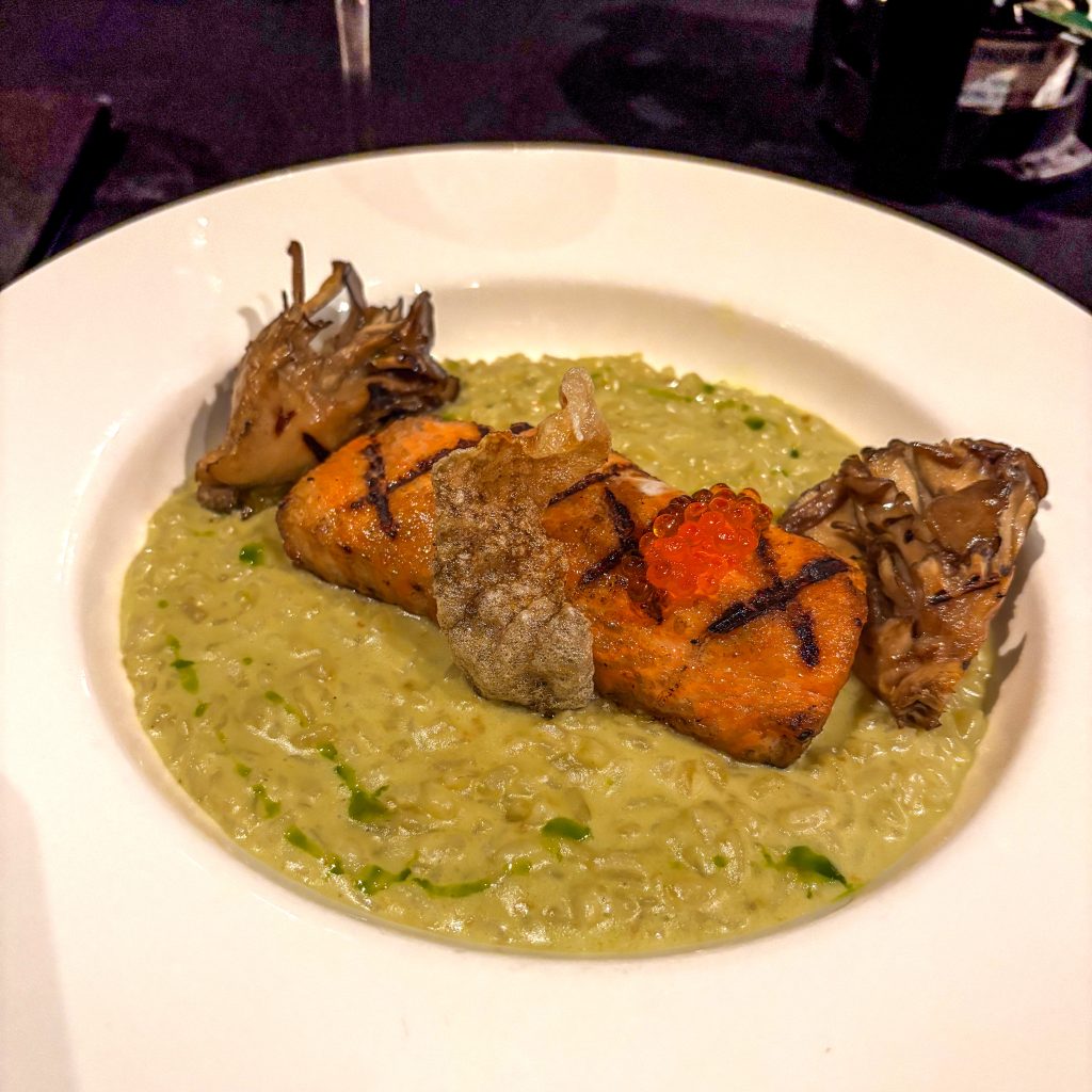 King Salmon, served with finger lime, maitake mushrooms and a roasted poblano risotto