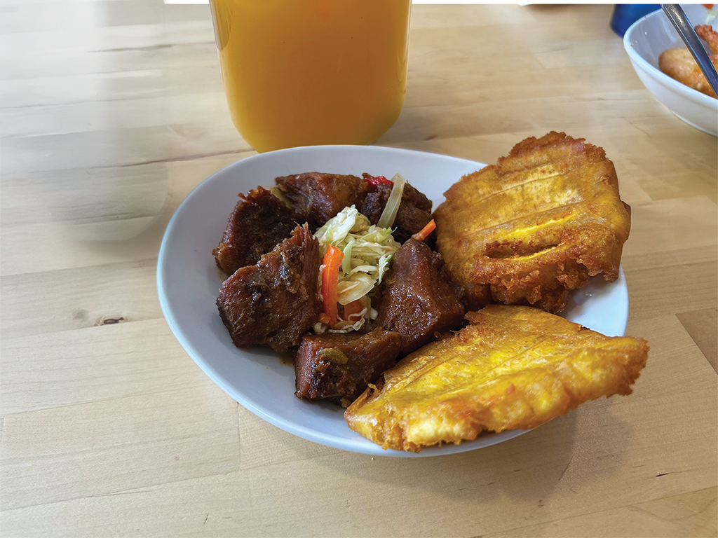  One of the restaurant’s most popular offerings is griot (gree-OH), the national dish of Haiti. It’s best enjoyed with a glass of fresh passionfruit juice. 