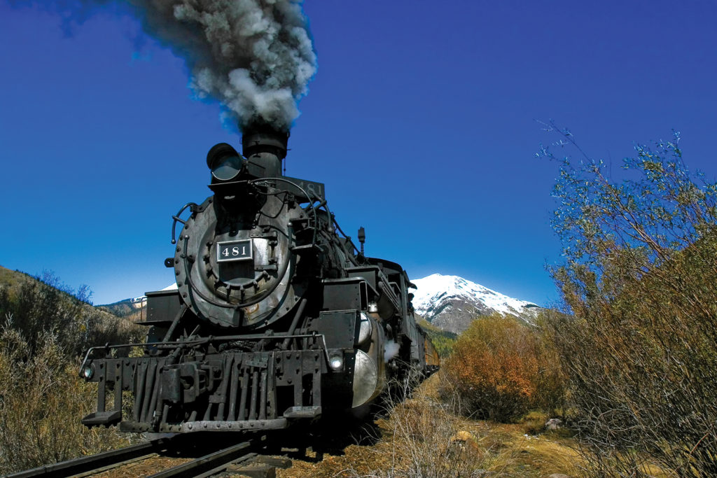 Black steam engine on Durango and Silverton Narrow Gauge Railroad