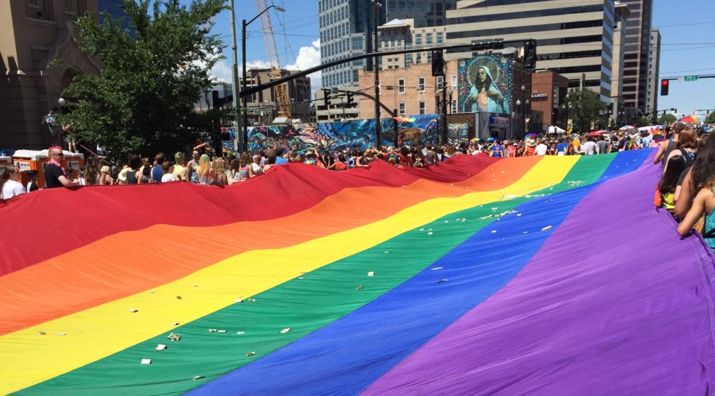 The 200 ft. rainbow Pride flag held by the crowd during previous Utah Pride Parades