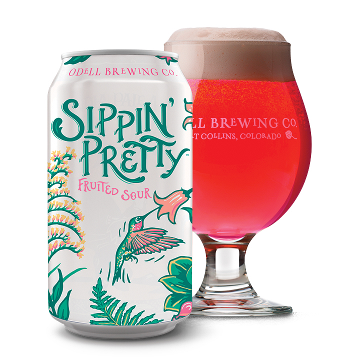 Sippin' Pretty Fruited sour ale can and glass from Odell Brewing Company