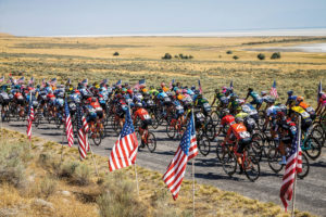 The peloton rolls out for the start of stage 3 on August 9, 2018 in Layton, Utah.