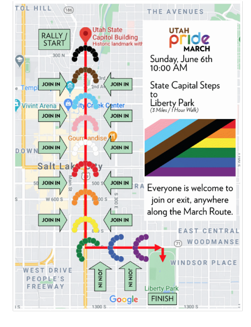Utah Pride Week 2021 Rainbow March and Rally Map
